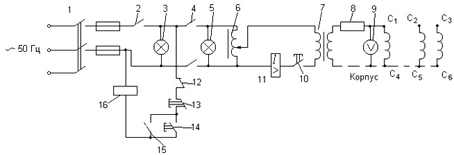 Принципиальная схема установки для испытания изоляции электрических машин на электрическую прочность